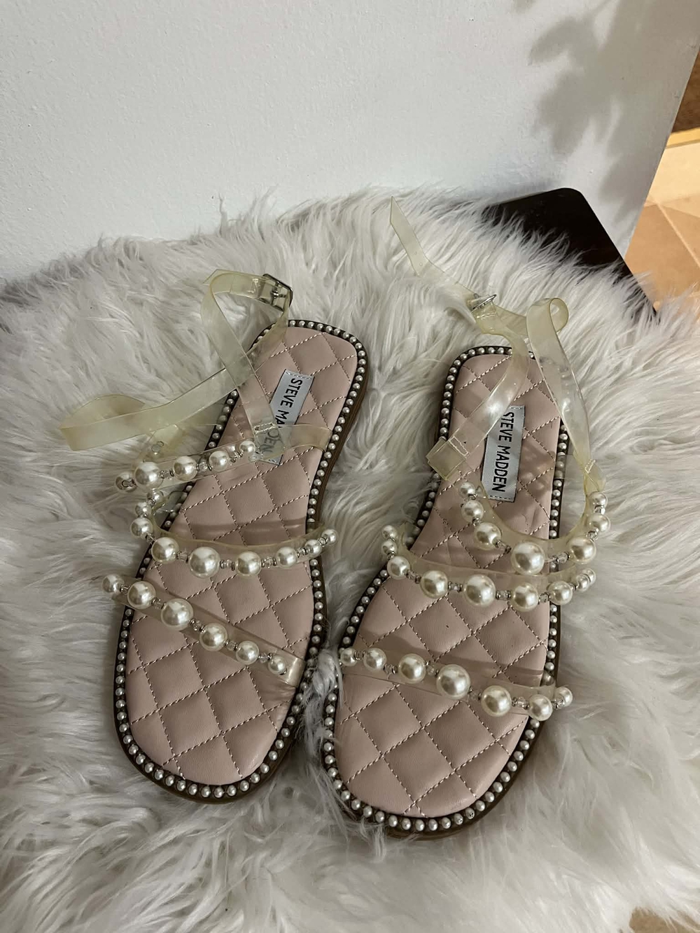 Steve Madden Pearl-Strap Clear Ankle Sandals - Nude/White Pearls New Whithout La - Picture 2 of 8